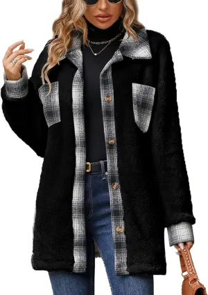 FEOYA Sherpa Jacket Women Fleece Shacket Plaid Long Button Down Coats Teddy Oversized Lapel Color Block Outerwear Pocket