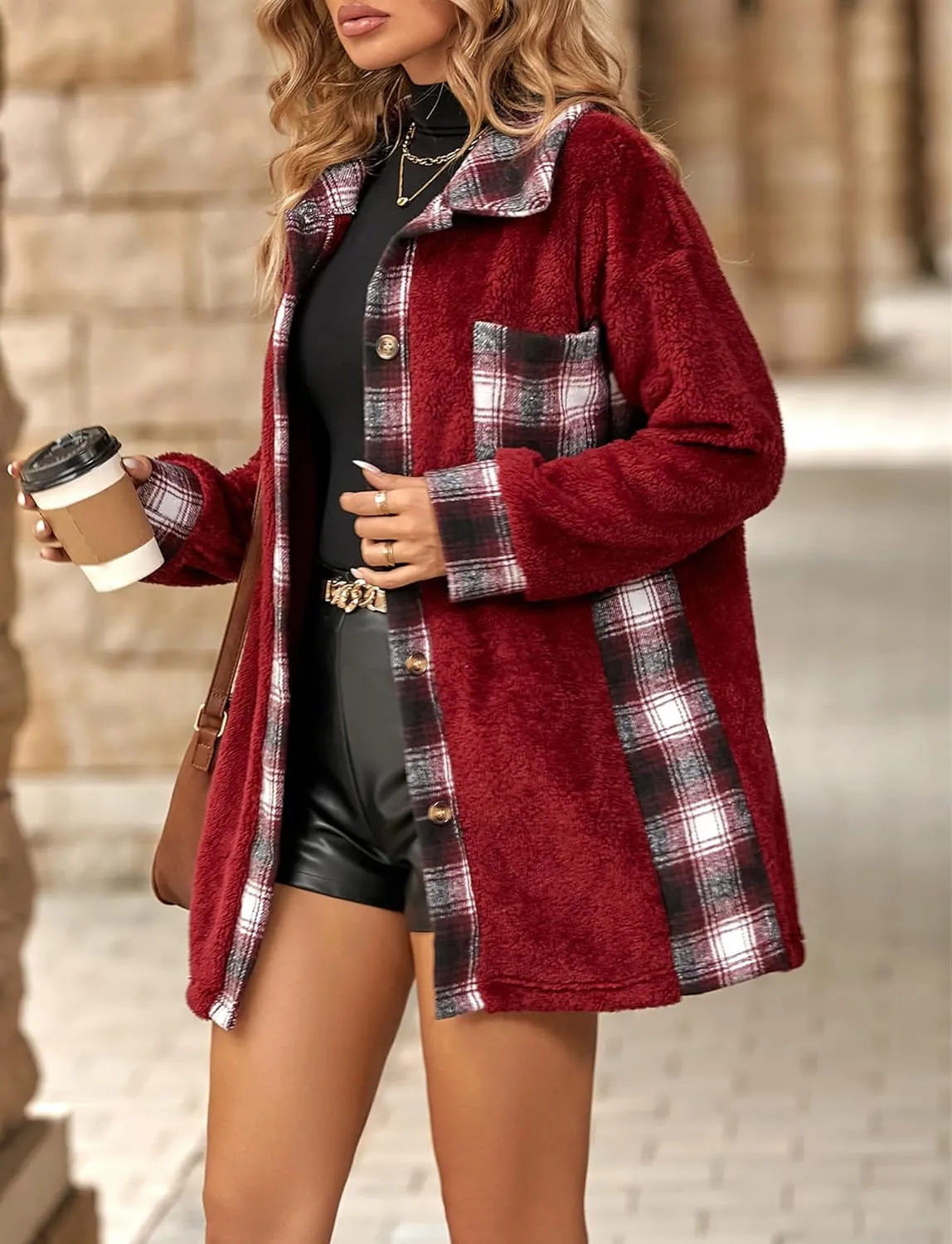 FEOYA Sherpa Jacket Women Fleece Shacket Plaid Long Button Down Coats Teddy Oversized Lapel Color Block Outerwear Pocket