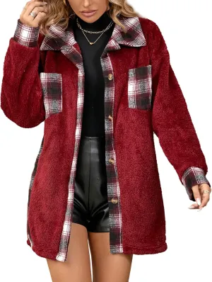 FEOYA Sherpa Jacket Women Fleece Shacket Plaid Long Button Down Coats Teddy Oversized Lapel Color Block Outerwear Pocket