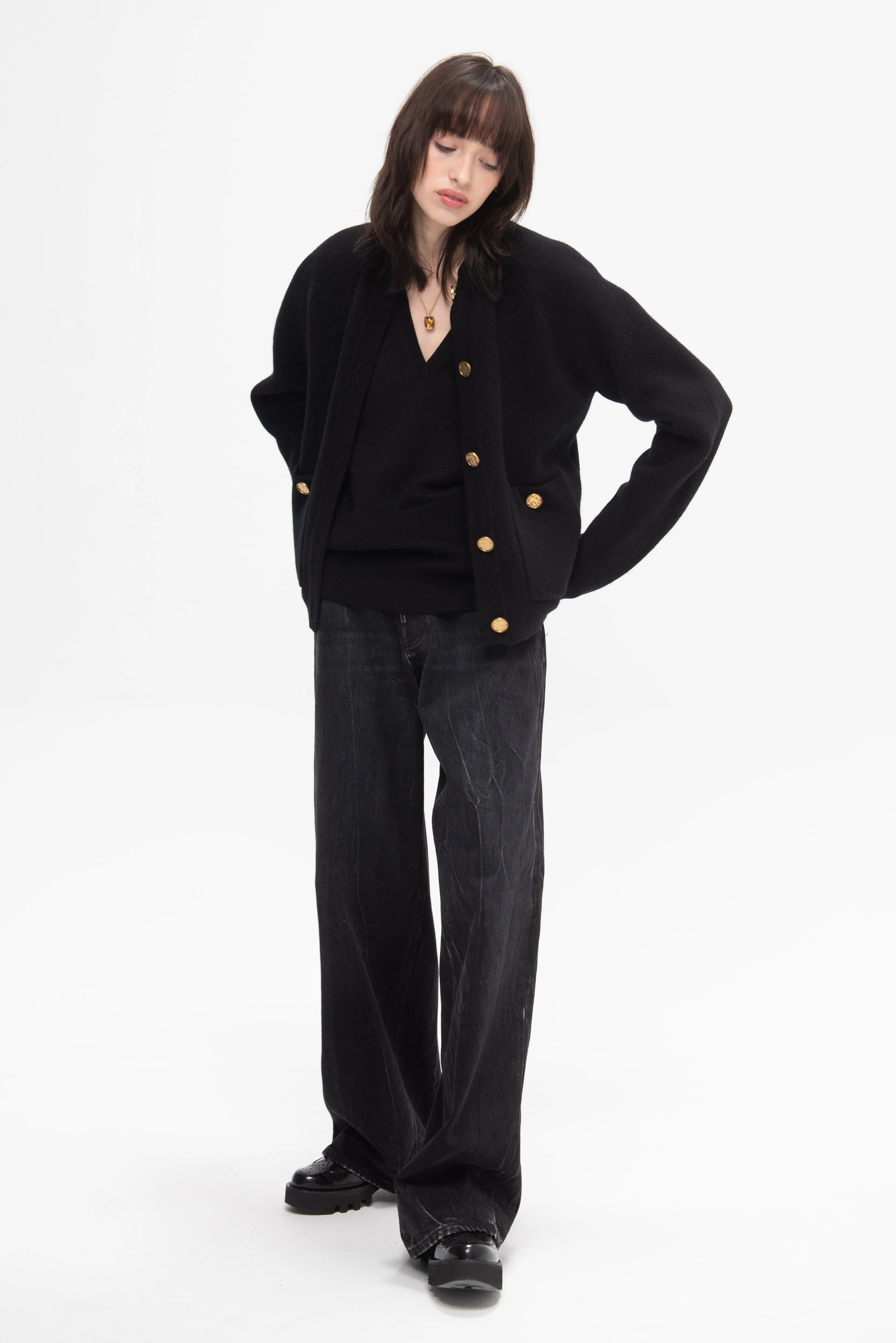 Hammered Button Cardigan, Black
