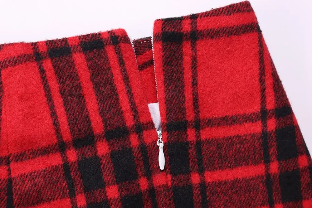 Islis Women's Wool Plaid Mini Skirts 2024 Fall Winter High Waist Zipper Bodycon Pencil Short Skirt