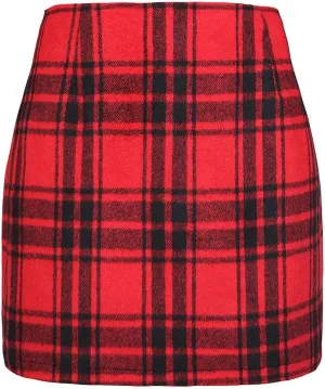 Islis Women's Wool Plaid Mini Skirts 2024 Fall Winter High Waist Zipper Bodycon Pencil Short Skirt