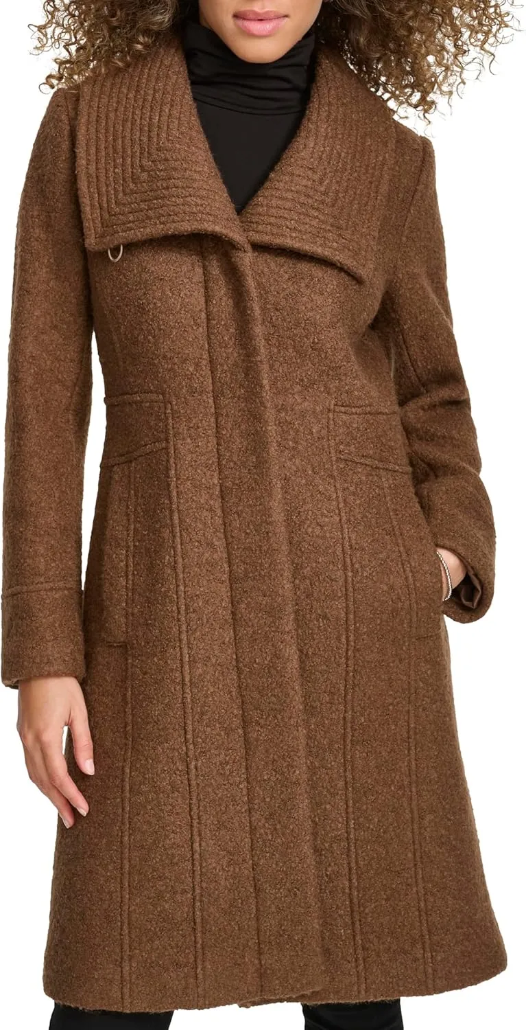 Kenneth Cole Women's Pressed Boucle Wool Coat with Oversized Wing Collar