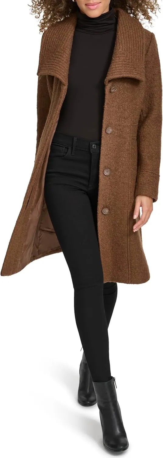 Kenneth Cole Women's Pressed Boucle Wool Coat with Oversized Wing Collar