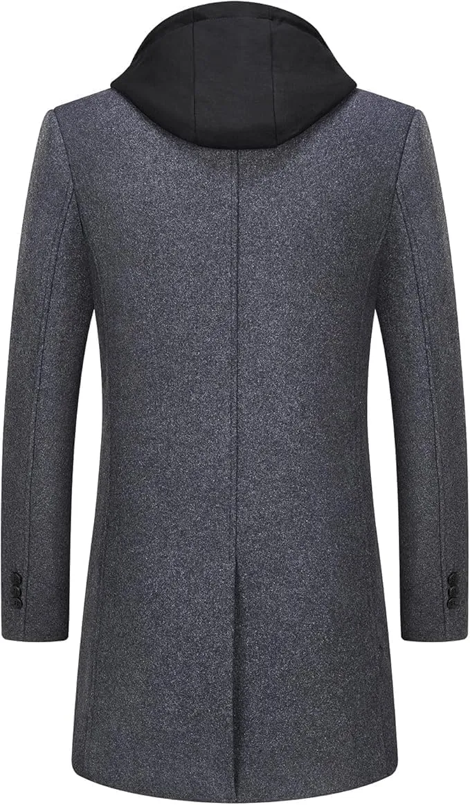 Lamgool Men's Winter Long Coat Wool Blend Single Breasted Overcoat With Removable Hood