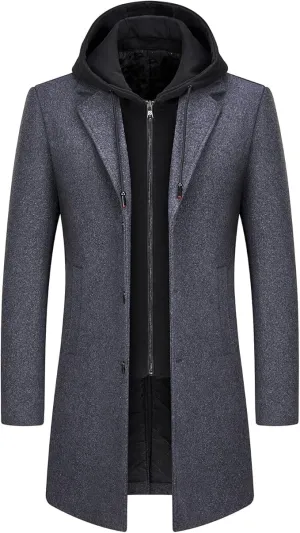 Lamgool Men's Winter Long Coat Wool Blend Single Breasted Overcoat With Removable Hood