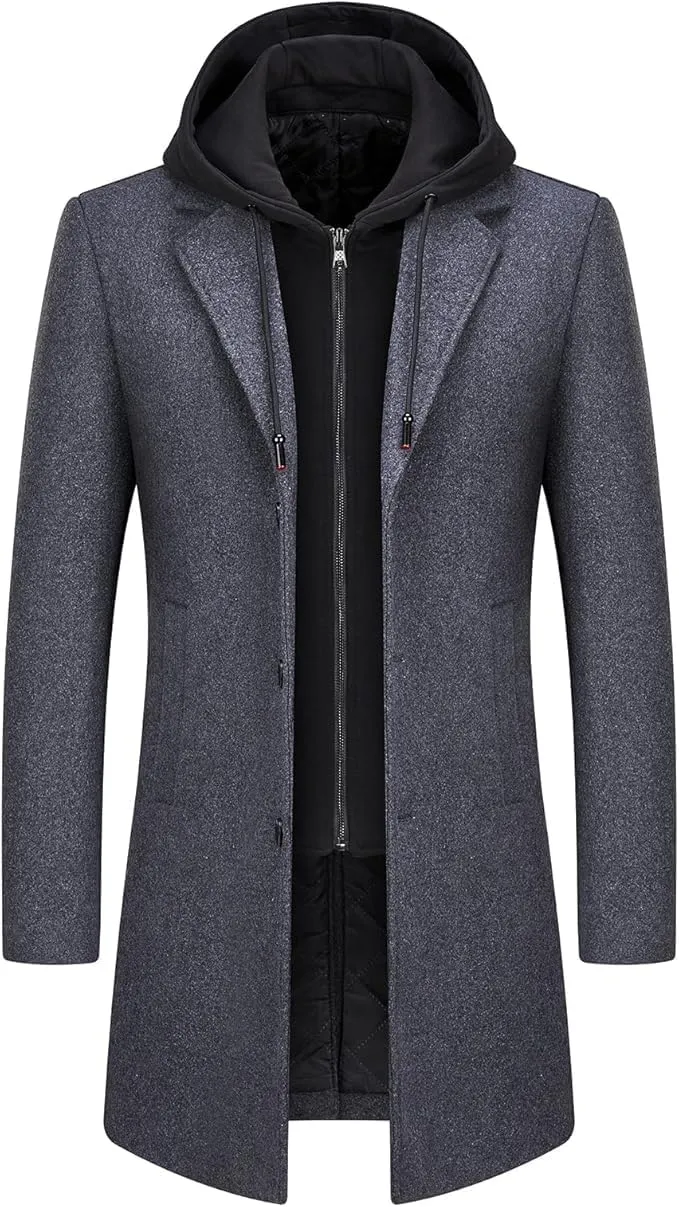 Lamgool Men's Winter Long Coat Wool Blend Single Breasted Overcoat With Removable Hood