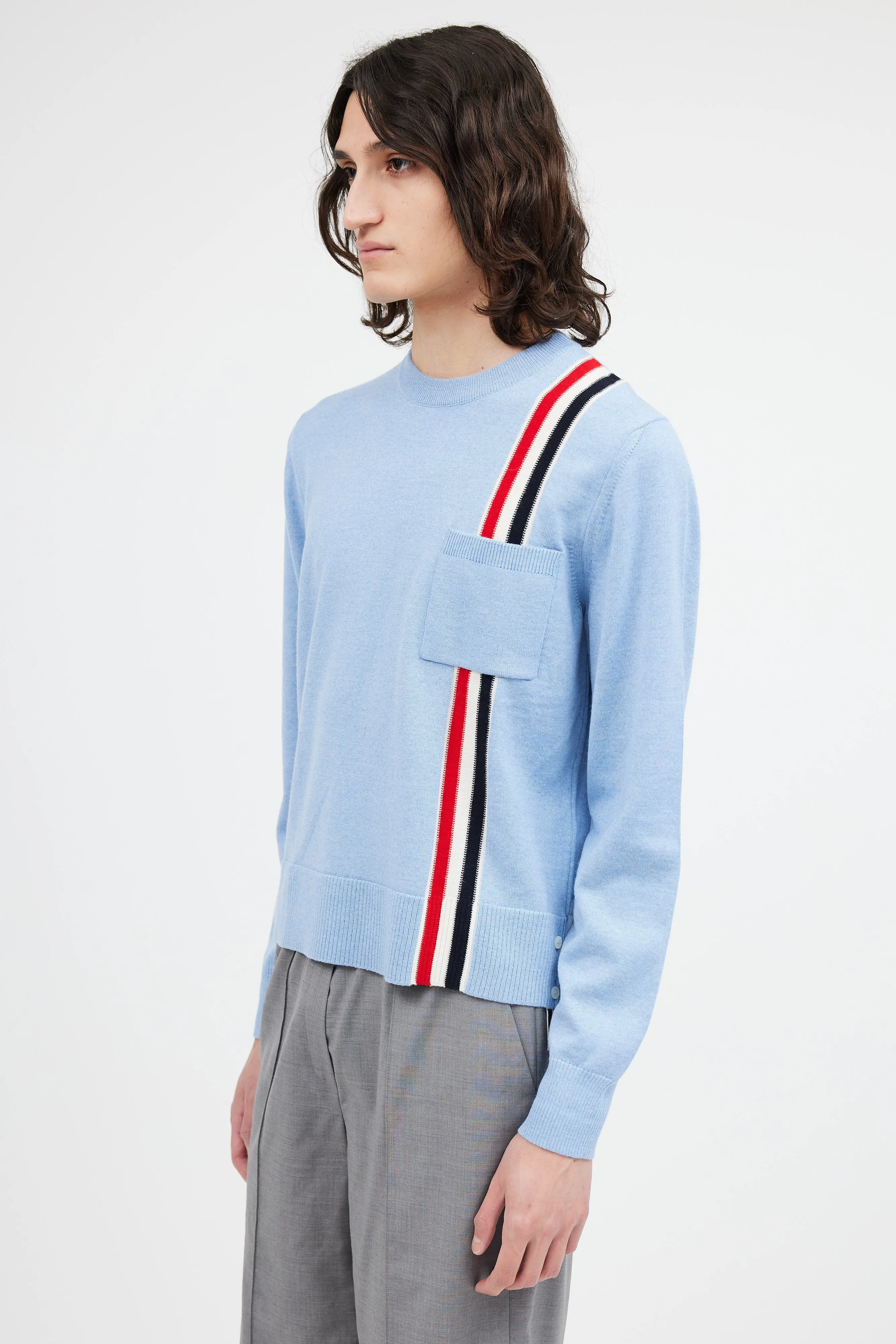 Light Blue Wool Stripe Pocket Sweater
