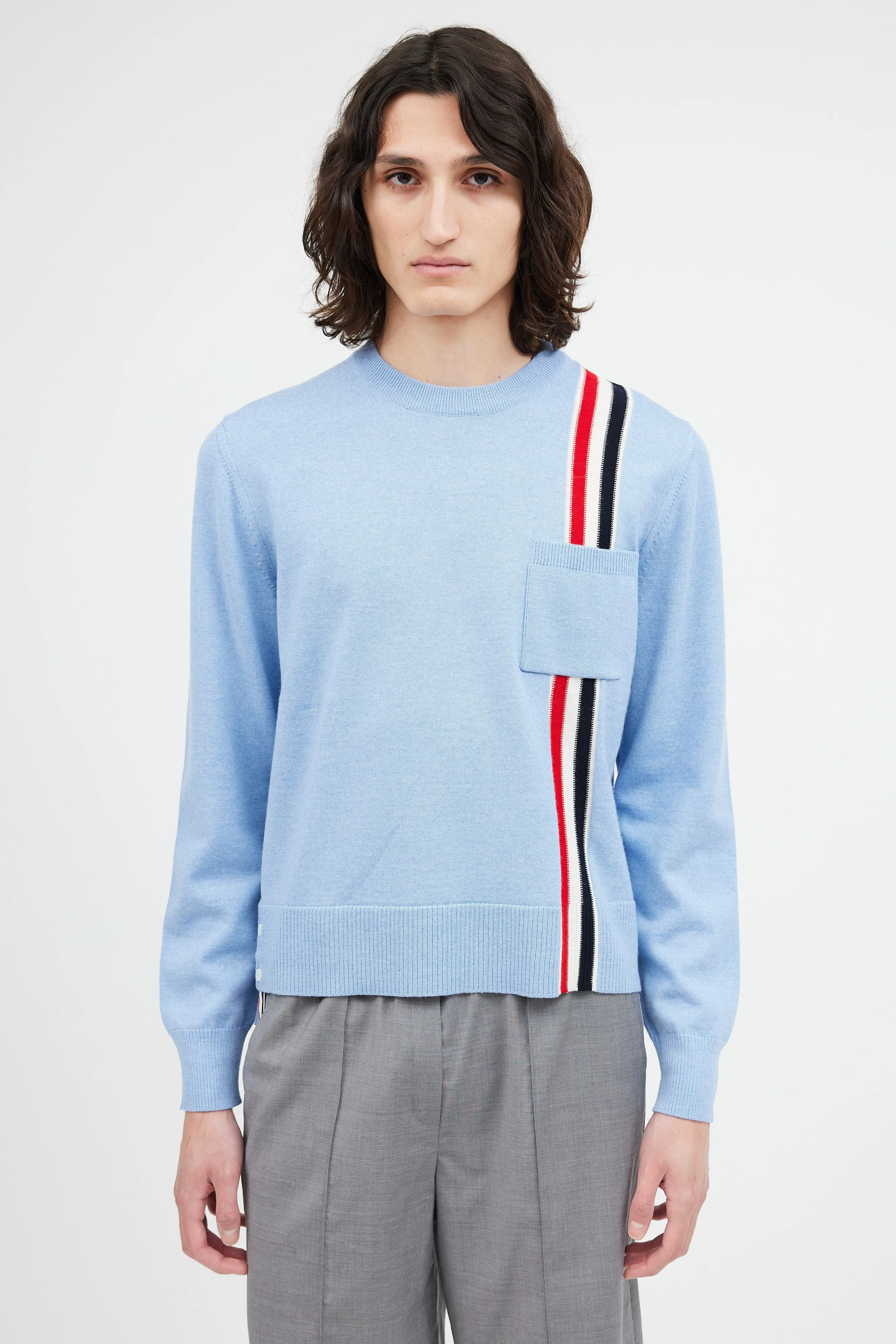 Light Blue Wool Stripe Pocket Sweater