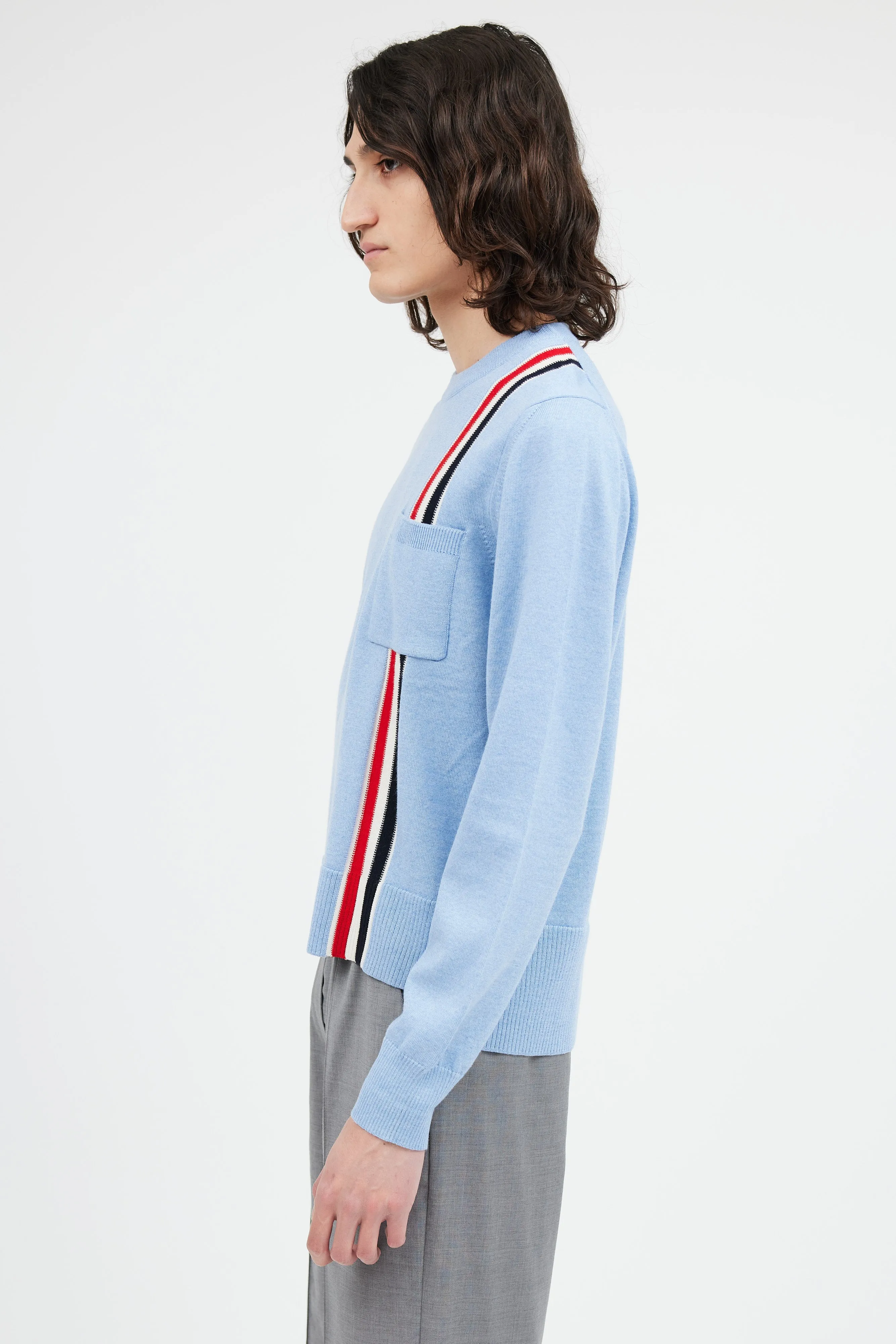 Light Blue Wool Stripe Pocket Sweater
