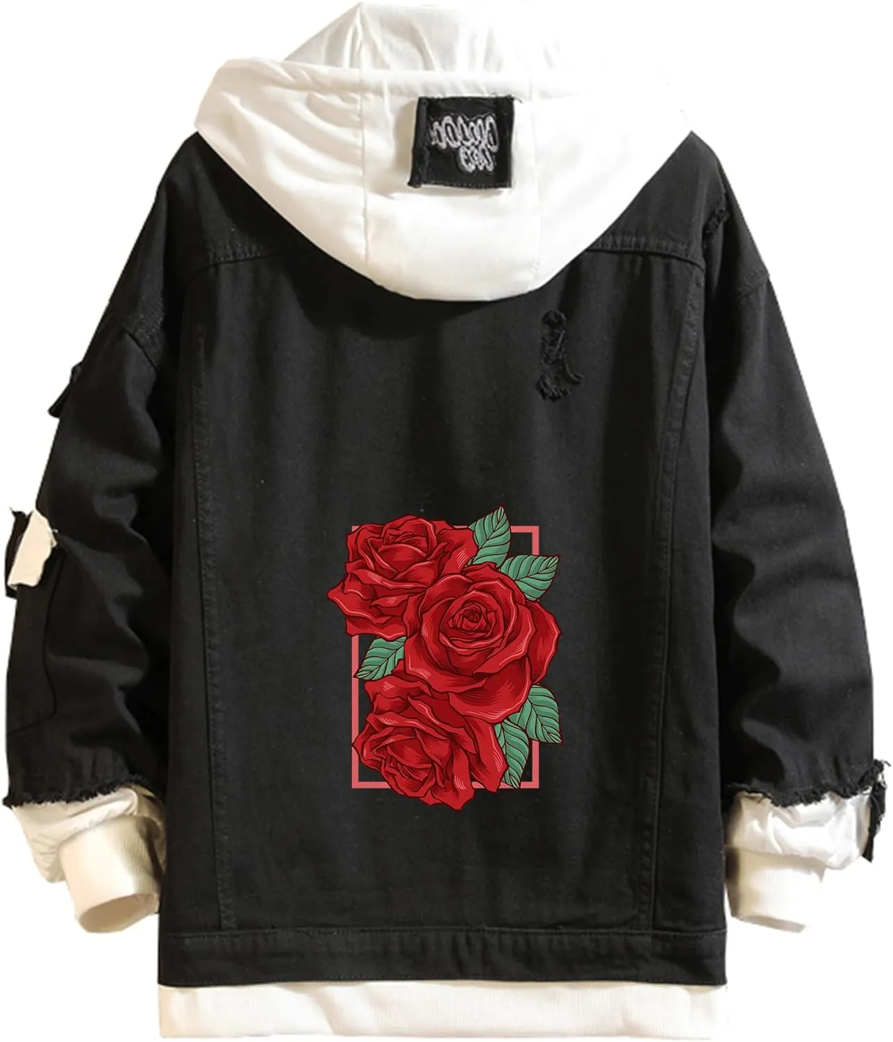 Lpstop Red Rose Flower Print Denim Jacket Graphic Hoodie Y2K Lightweight Jacket for Teen Adult