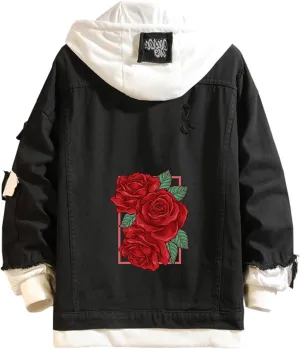 Lpstop Red Rose Flower Print Denim Jacket Graphic Hoodie Y2K Lightweight Jacket for Teen Adult