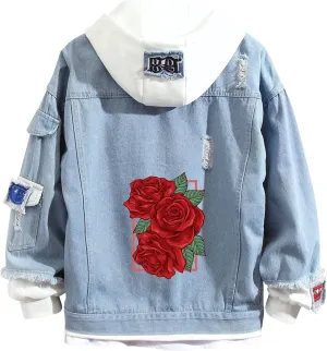 Lpstop Red Rose Flower Print Denim Jacket Graphic Hoodie Y2K Lightweight Jacket for Teen Adult