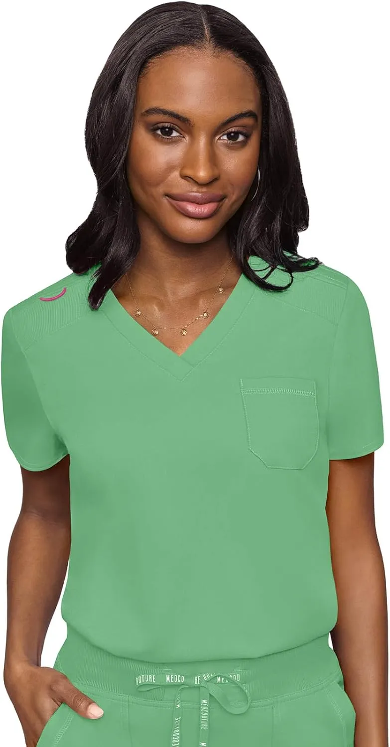 Med Couture Women's V-Neck Scrub Top, Modern Fit Tuck-in Top with Stretchy Rib-Knit Shoulders and Chest Pocket - MC7448