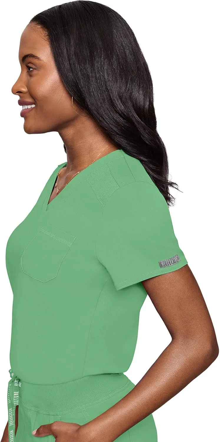 Med Couture Women's V-Neck Scrub Top, Modern Fit Tuck-in Top with Stretchy Rib-Knit Shoulders and Chest Pocket - MC7448