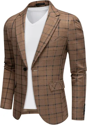 Mens Blazer Plaid Sport Coats One Button Casual Slim Fit Checked Jacket