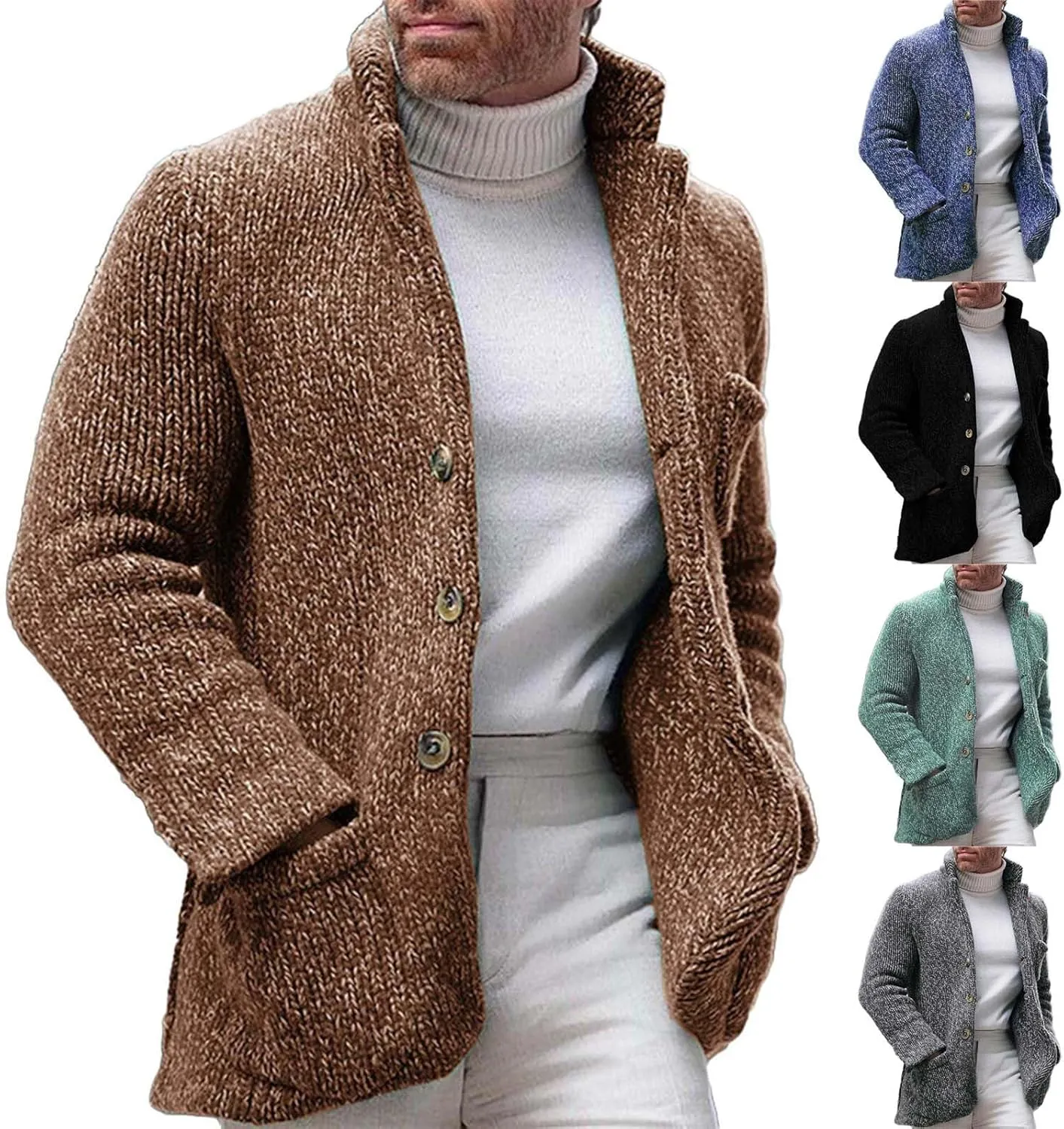 Men's Open Front Lightweight Stand Collar Cardigan Casual Button Down Knit Cardigan Sweaters Wool Blend Jacket Coat