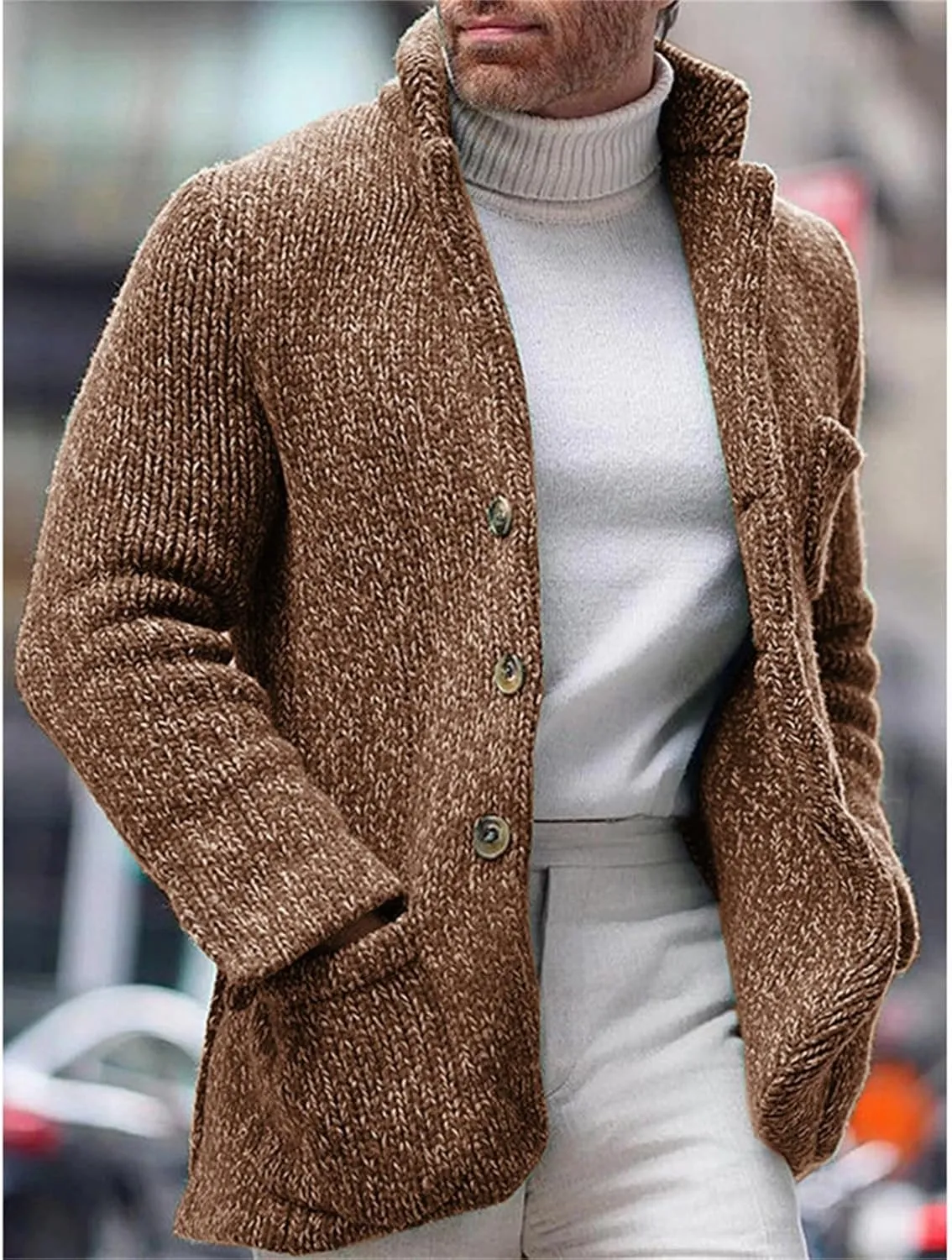 Men's Open Front Lightweight Stand Collar Cardigan Casual Button Down Knit Cardigan Sweaters Wool Blend Jacket Coat
