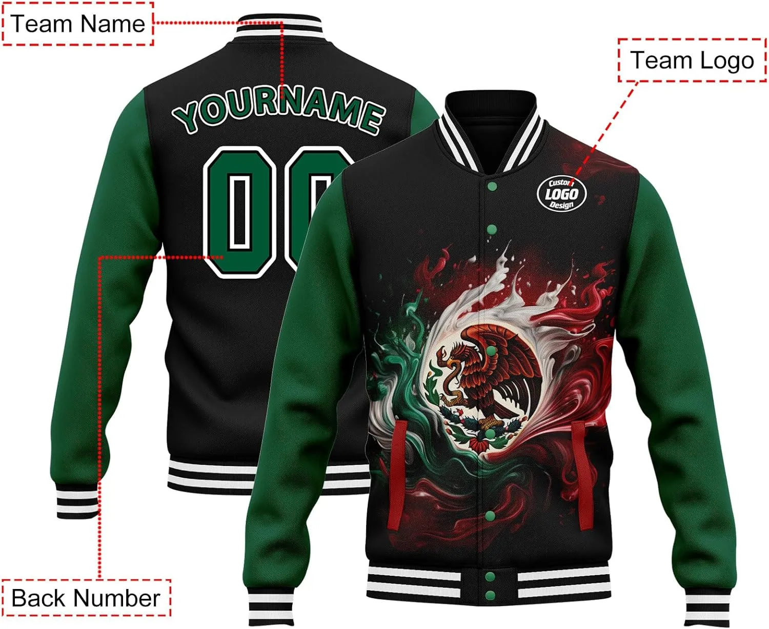 Mexico Flag Custom Varsity Jacket Vintage Baseball Bomber Jackets Streetwear Coats