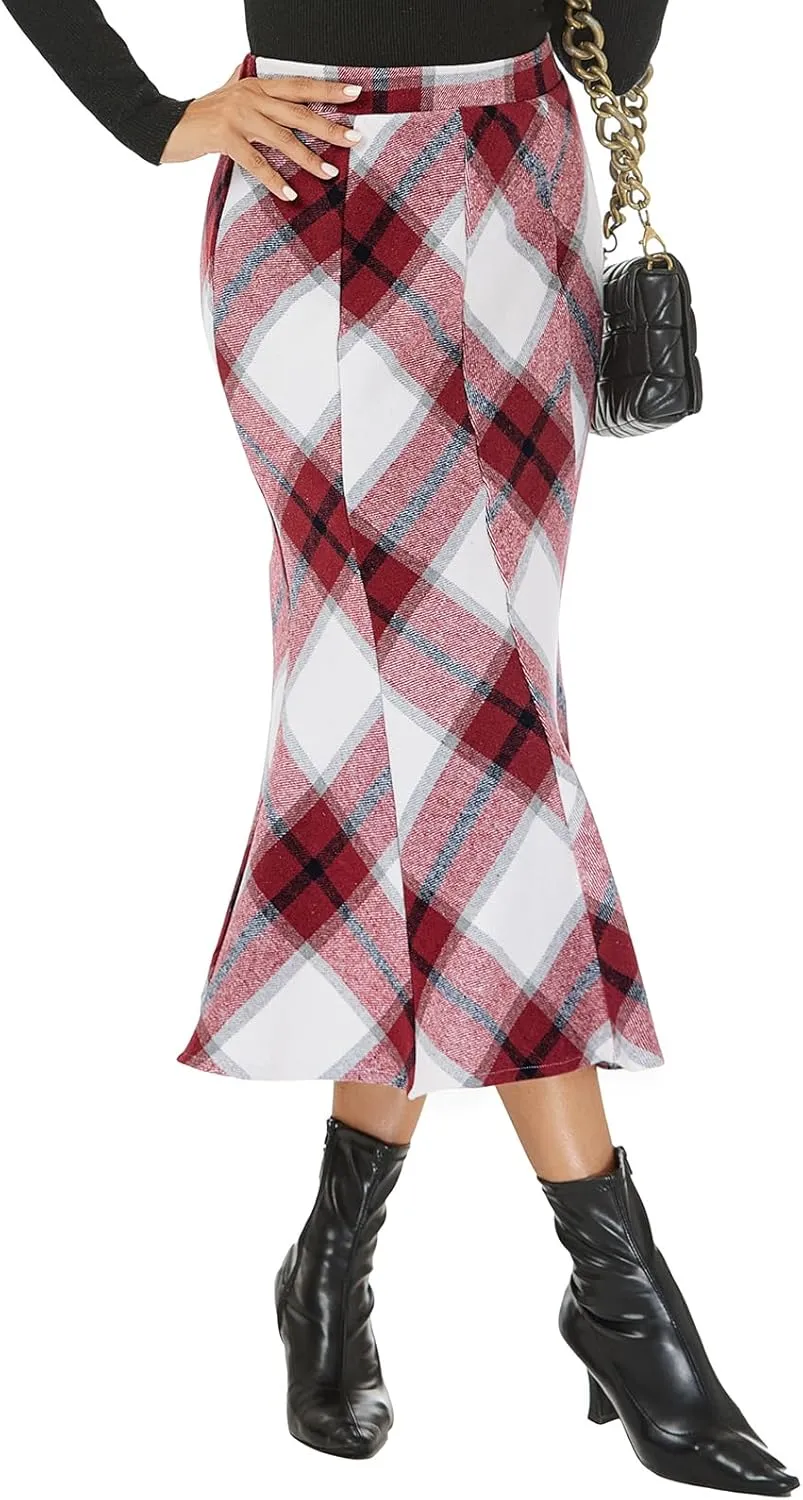 Mokayee Womens Wool Hign Waisted Flannel Bodycon Midi Length Work Pencil Skirts