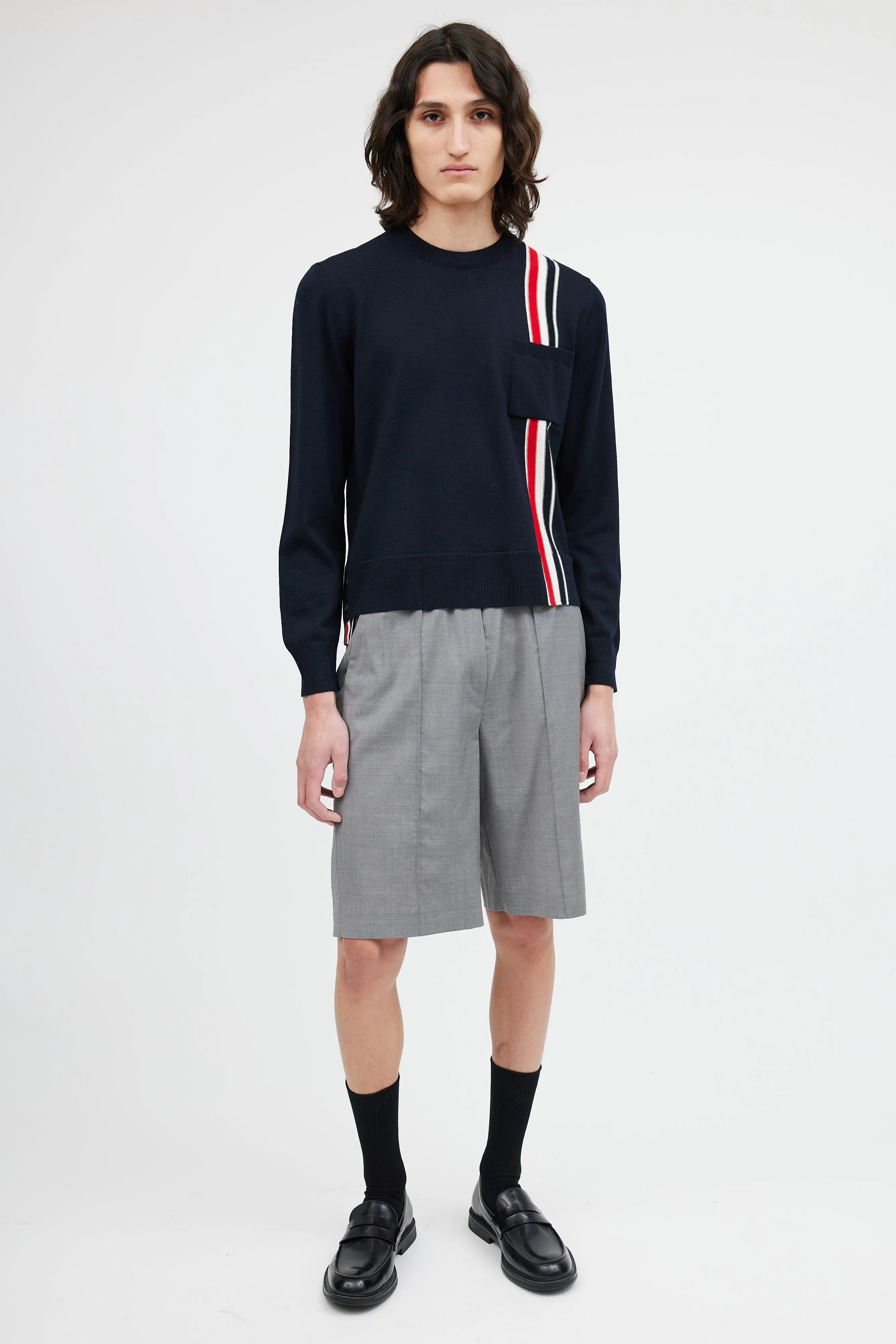 Navy Wool Stripe Pocket Sweater