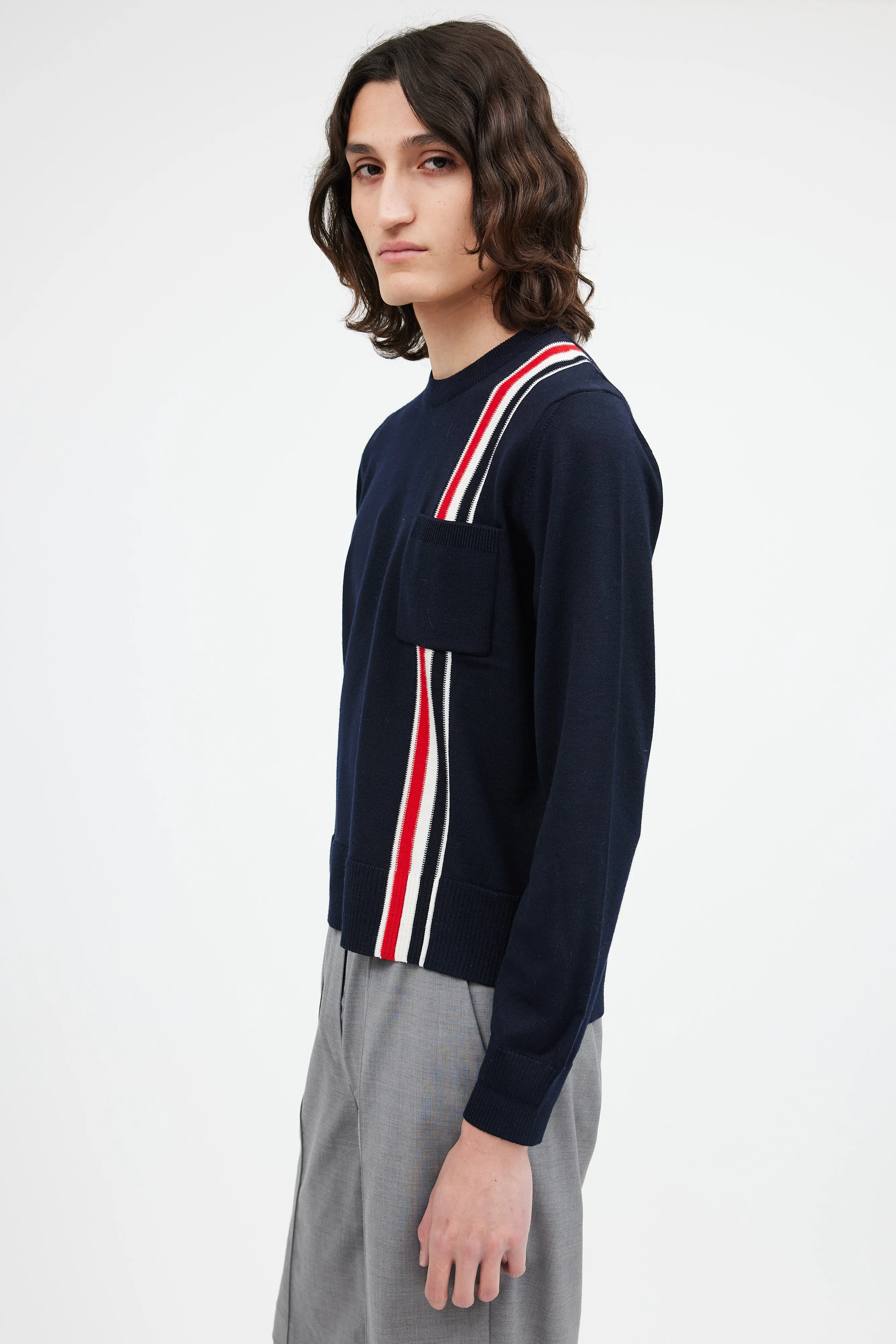 Navy Wool Stripe Pocket Sweater