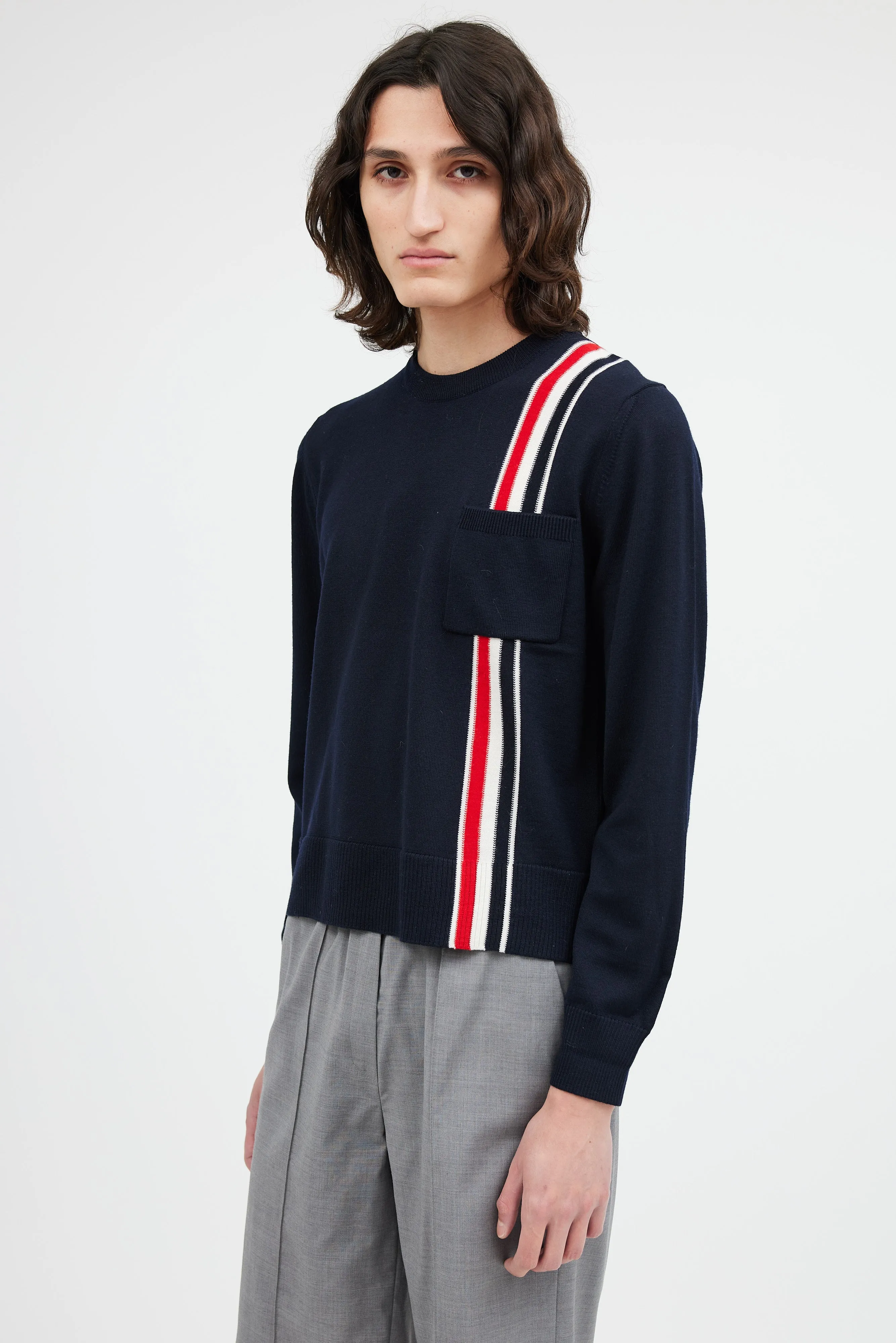 Navy Wool Stripe Pocket Sweater