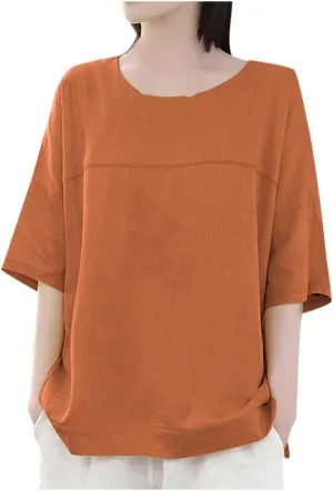Neck Casual Loose Summer Shirt Sleeve Round Solid Women Blouse Top Short Women's Blouse Medium Pack