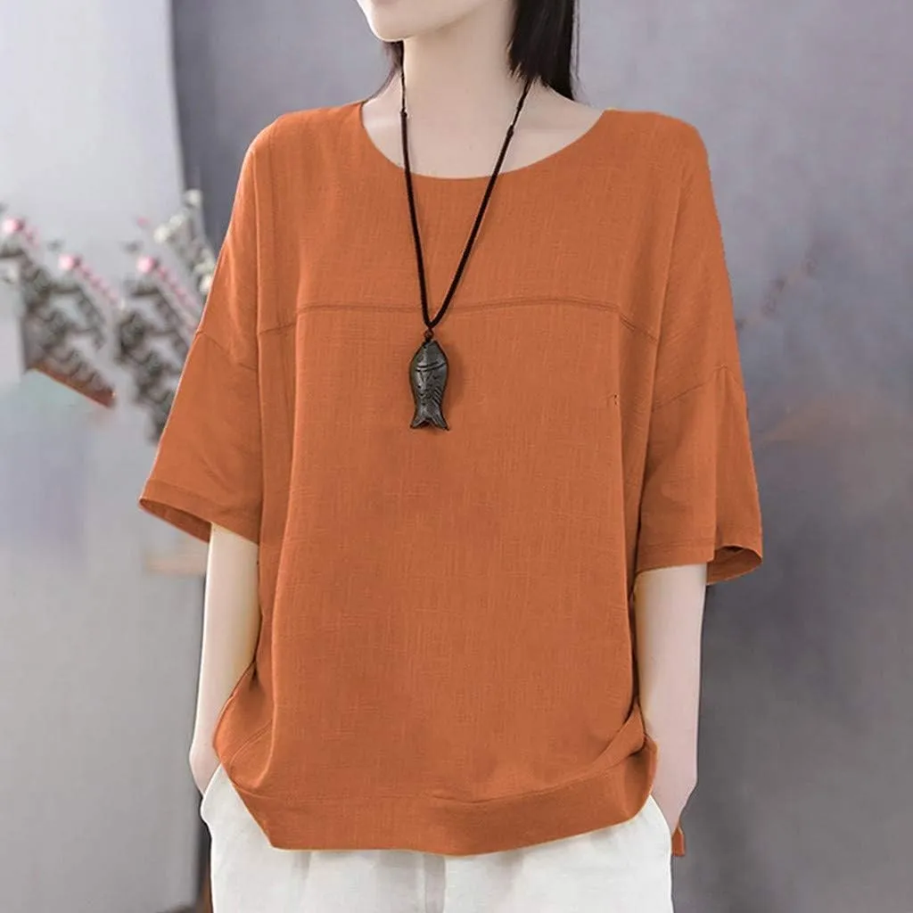 Neck Casual Loose Summer Shirt Sleeve Round Solid Women Blouse Top Short Women's Blouse Medium Pack