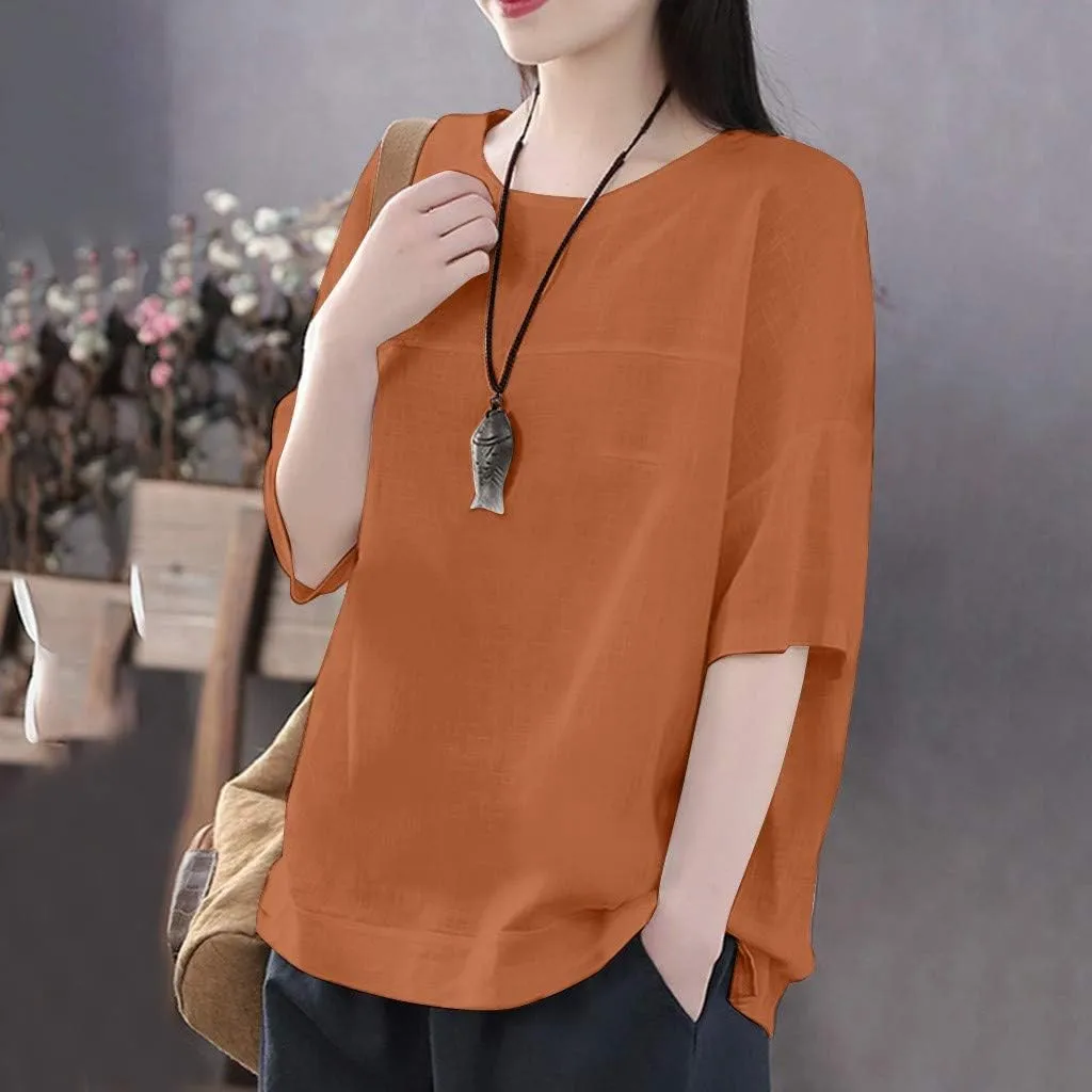Neck Casual Loose Summer Shirt Sleeve Round Solid Women Blouse Top Short Women's Blouse Medium Pack