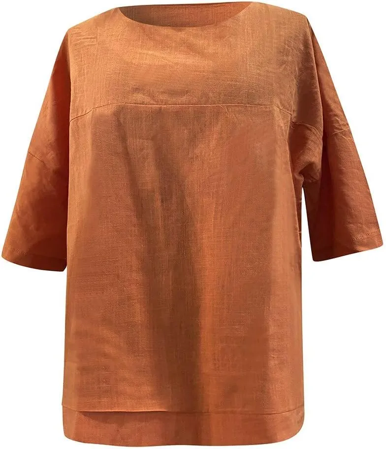 Neck Casual Loose Summer Shirt Sleeve Round Solid Women Blouse Top Short Women's Blouse Medium Pack