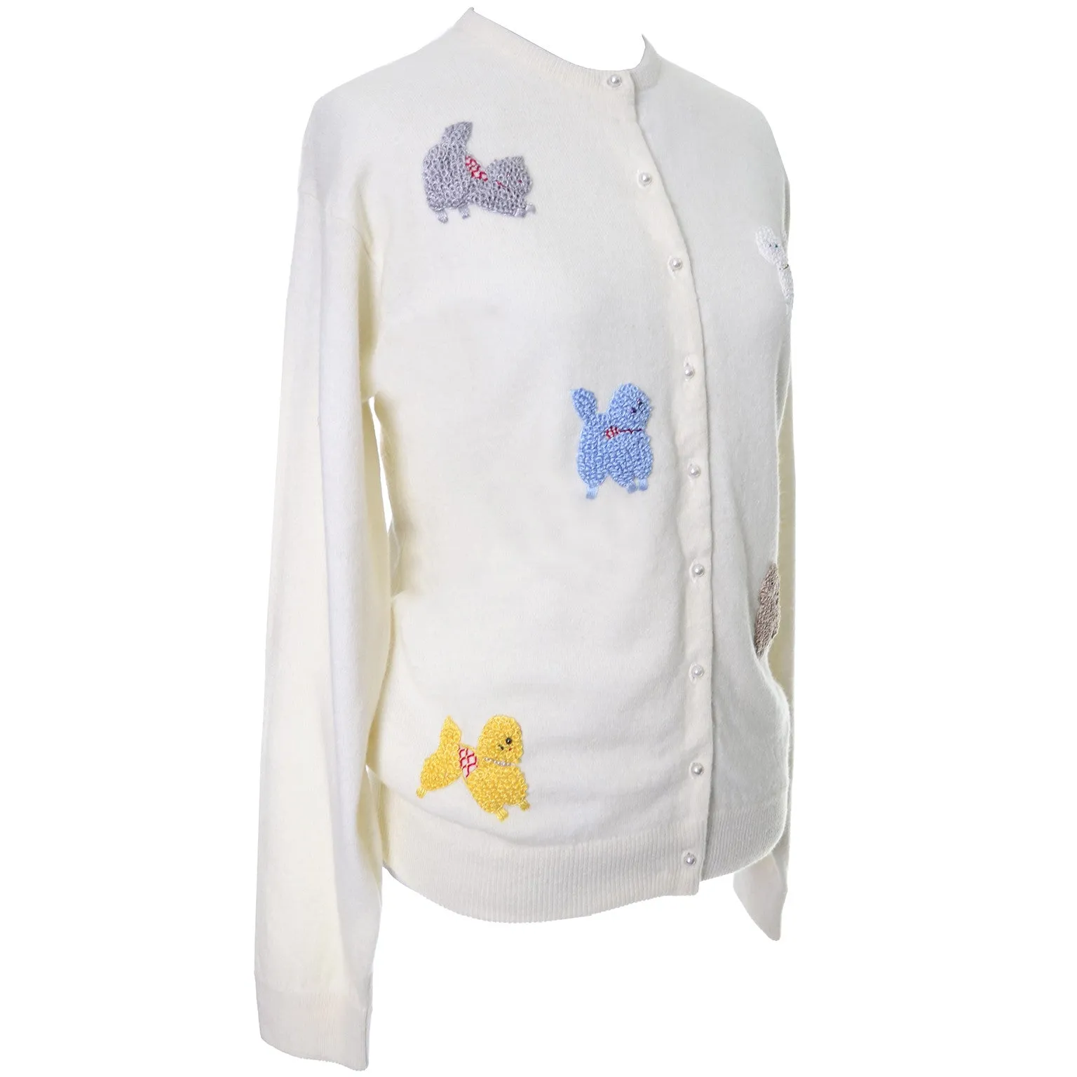 Novelty Beaded Embroidered Vintage Cardigan Sweater Dogs Poodles