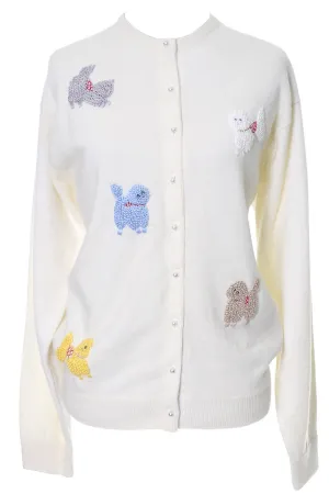 Novelty Beaded Embroidered Vintage Cardigan Sweater Dogs Poodles