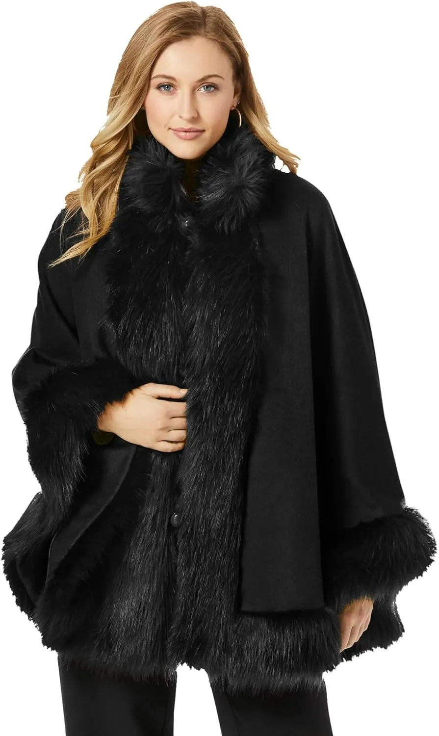 Poncho-Fur-Coat-Cape-Faux Fur-Ruana-blanket-Caplet-Wrap-Shrug-Sweater-dress shawl (Black Wool blend cape with faux fur trim)
