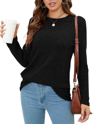 SimpleFun Womens Fall Sweaters Trendy Crewneck Solid Colored Lightweight Comfy Tunic Tops (Black,XL)
