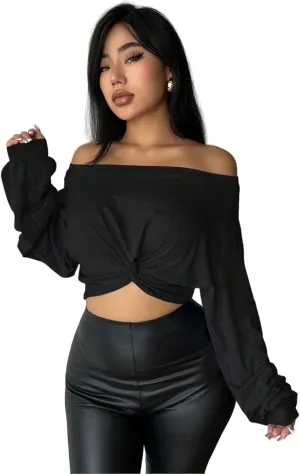 SISKIN Women's Off The Shoulder Tops, Long Sleeve, Modern, Loose Fit, All Seasons, Solid, Crop Top, XS-XL
