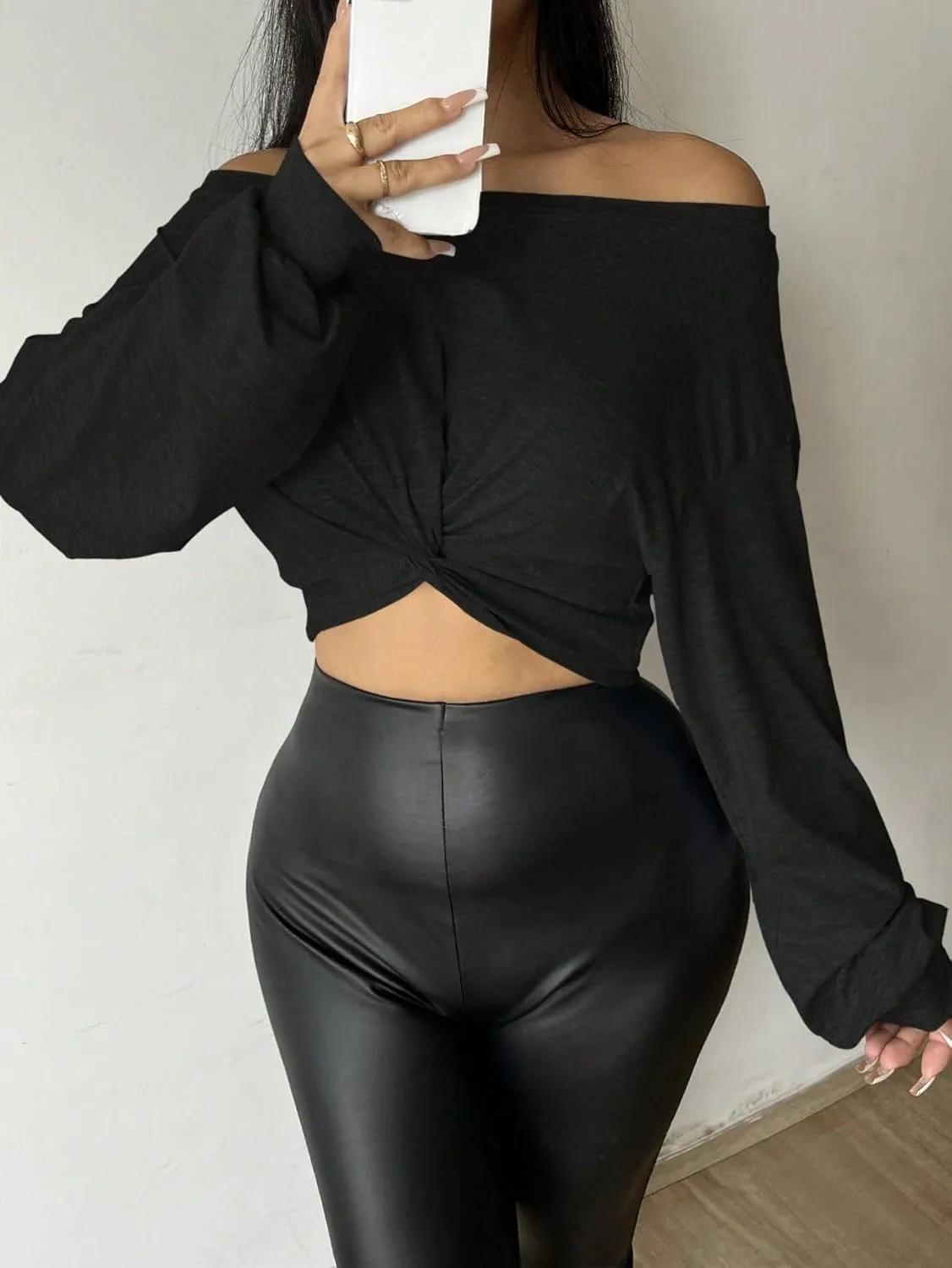 SISKIN Women's Off The Shoulder Tops, Long Sleeve, Modern, Loose Fit, All Seasons, Solid, Crop Top, XS-XL