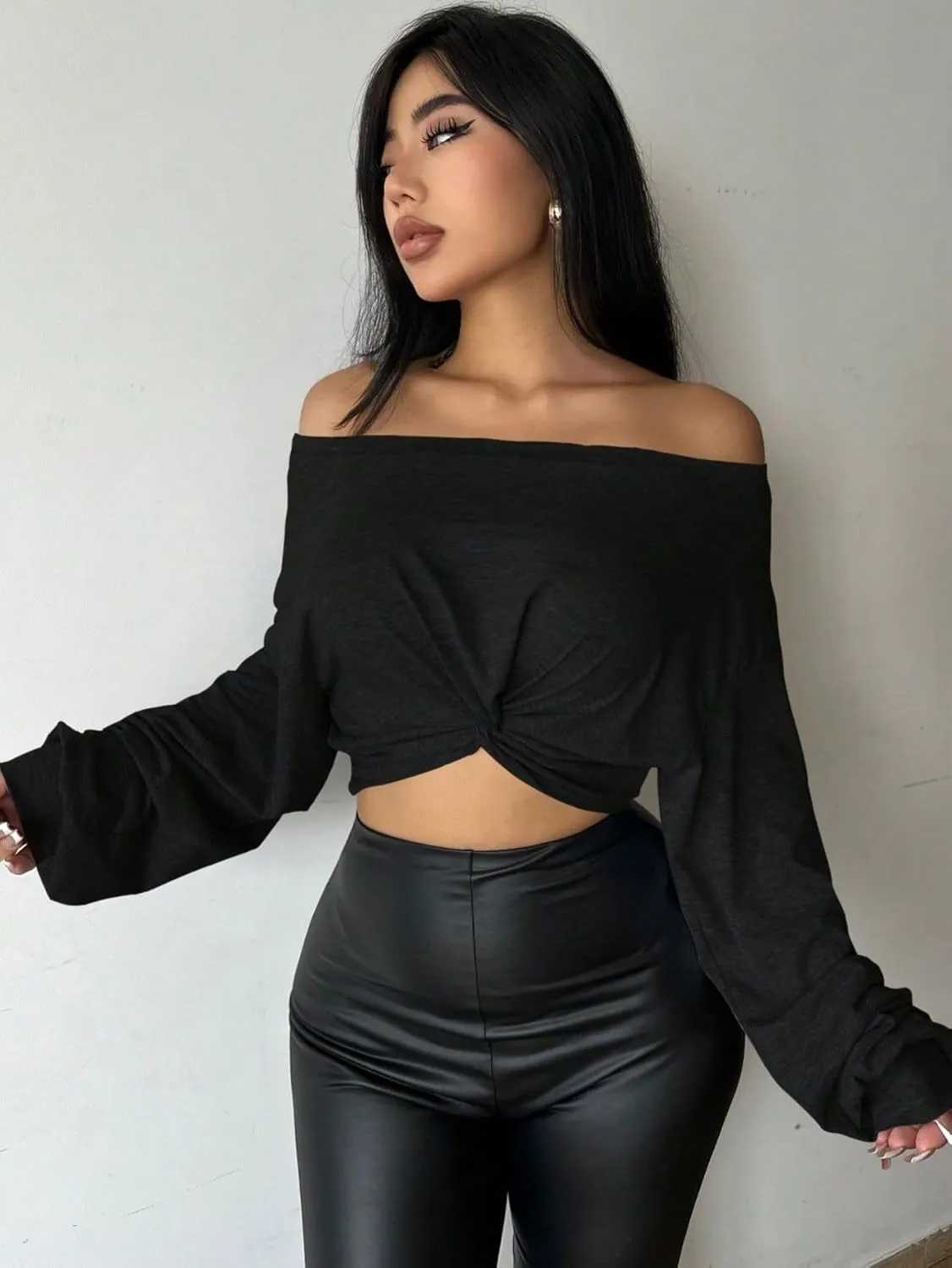 SISKIN Women's Off The Shoulder Tops, Long Sleeve, Modern, Loose Fit, All Seasons, Solid, Crop Top, XS-XL