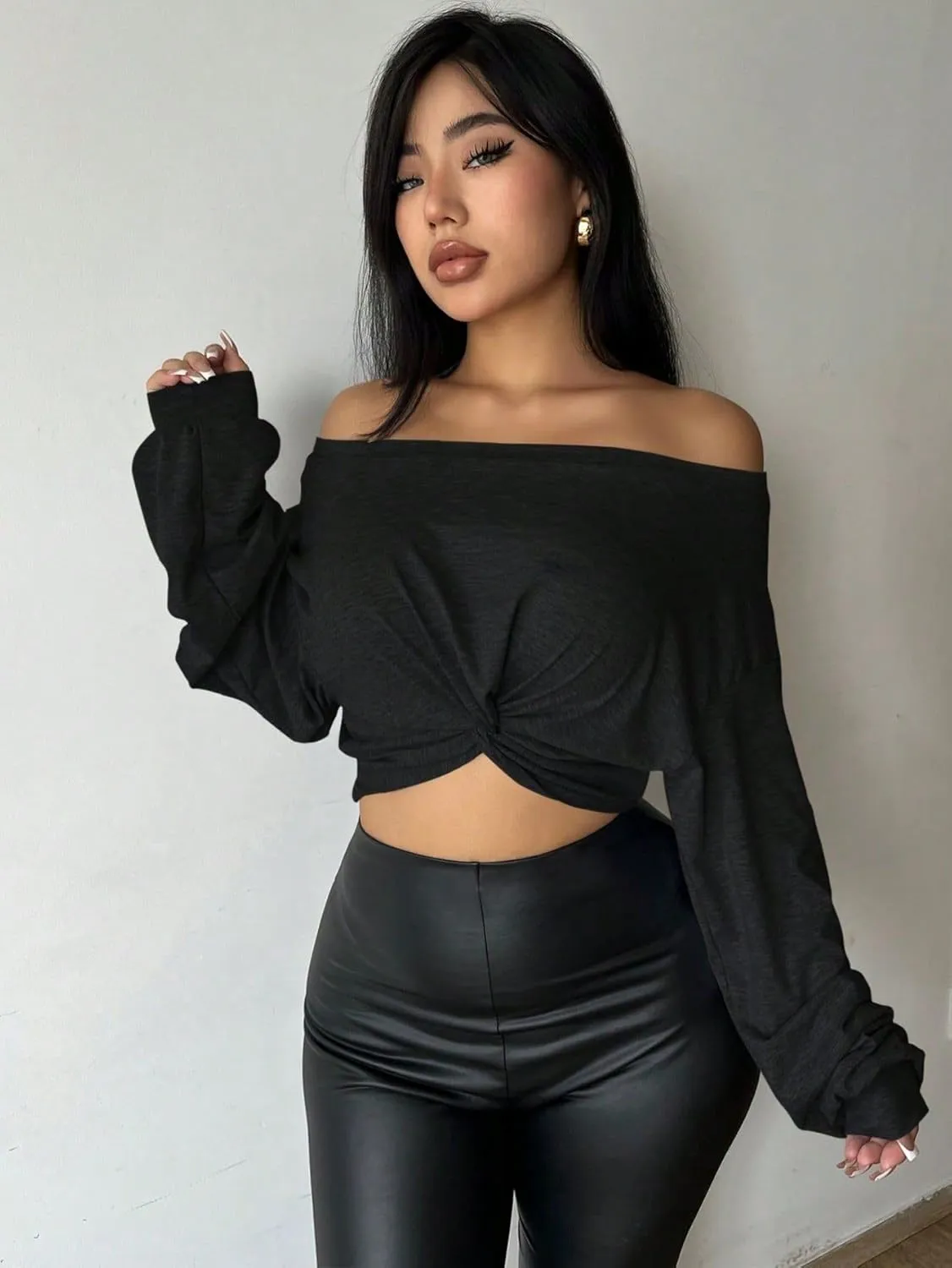 SISKIN Women's Off The Shoulder Tops, Long Sleeve, Modern, Loose Fit, All Seasons, Solid, Crop Top, XS-XL