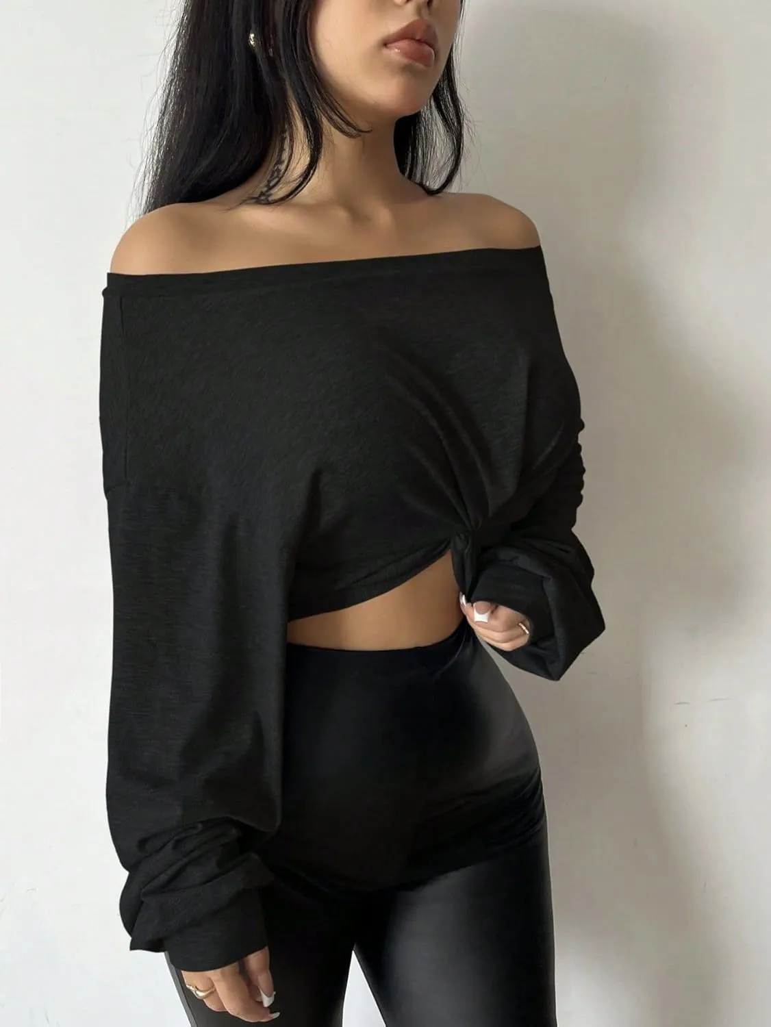 SISKIN Women's Off The Shoulder Tops, Long Sleeve, Modern, Loose Fit, All Seasons, Solid, Crop Top, XS-XL