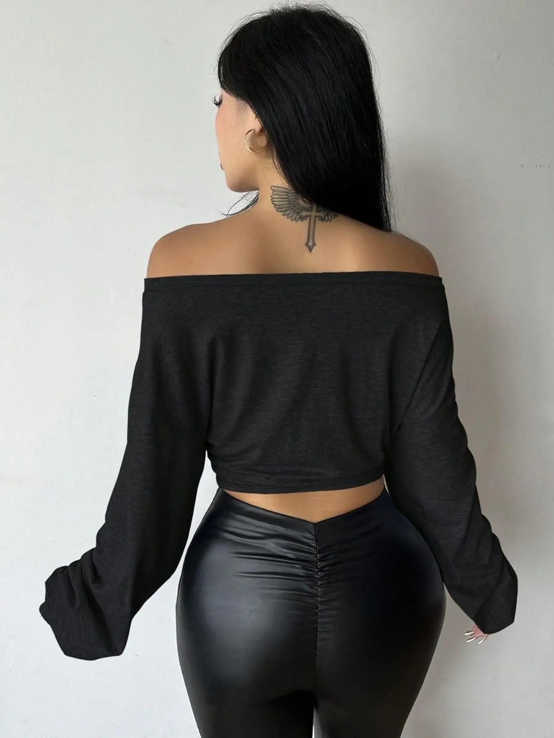 SISKIN Women's Off The Shoulder Tops, Long Sleeve, Modern, Loose Fit, All Seasons, Solid, Crop Top, XS-XL