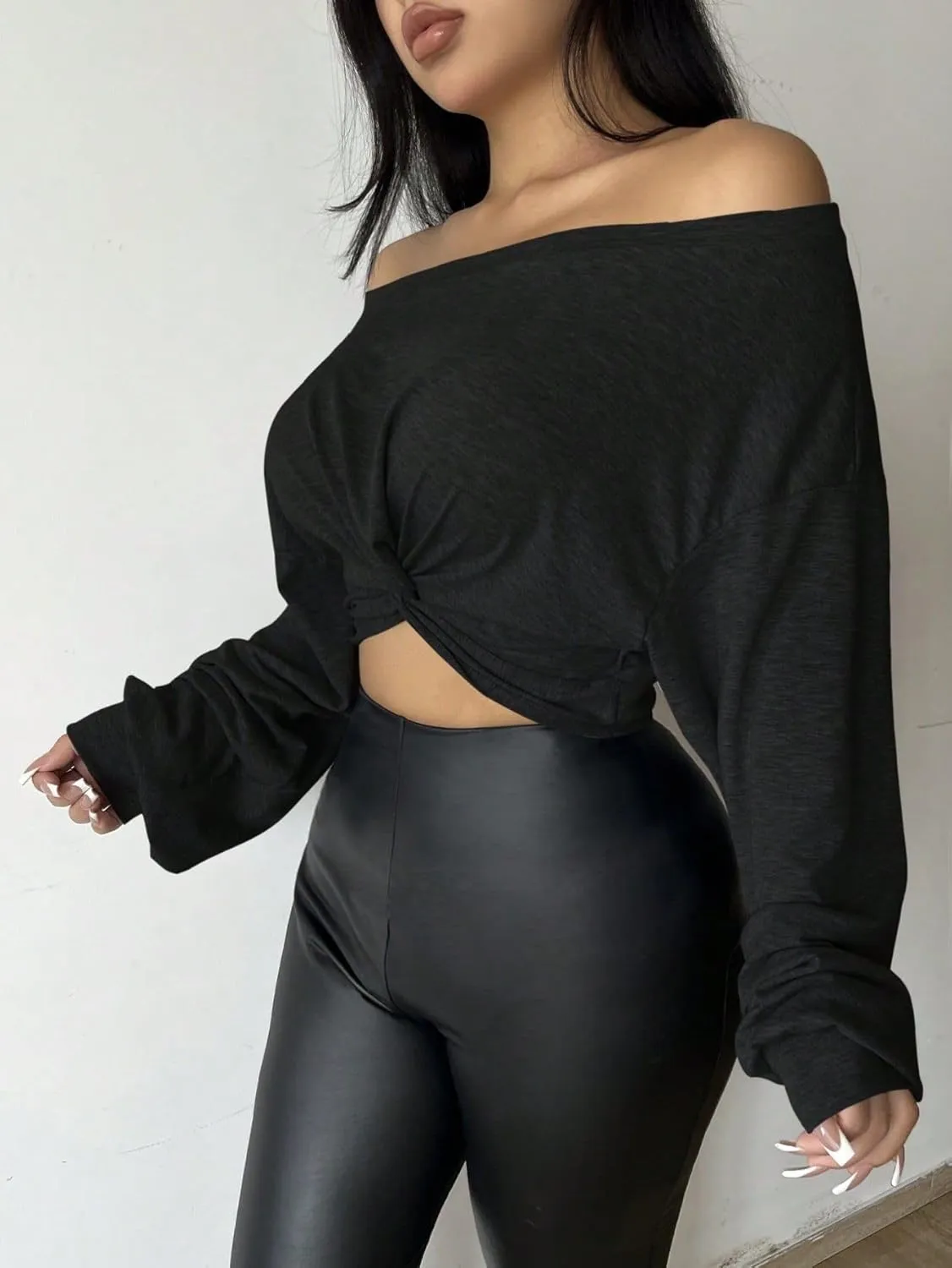 SISKIN Women's Off The Shoulder Tops, Long Sleeve, Modern, Loose Fit, All Seasons, Solid, Crop Top, XS-XL