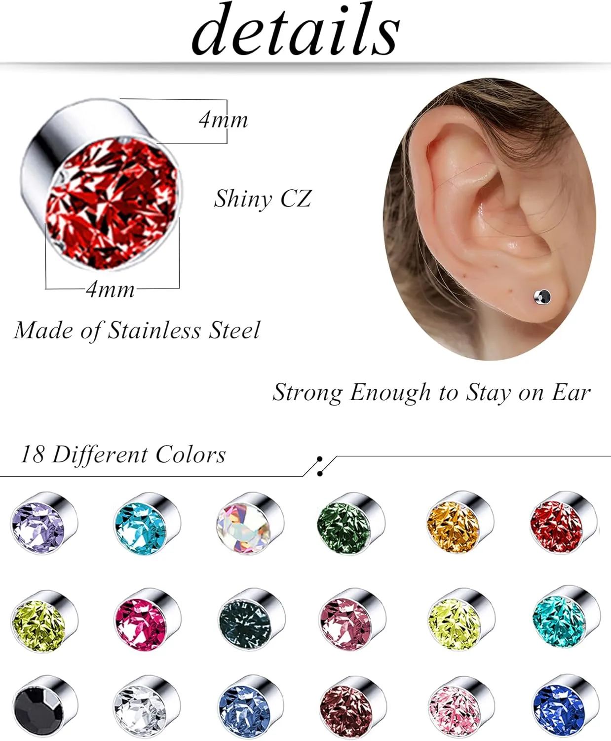 Torniro 18 Pairs Magnetic Stud Earrings Colors CZ Clip on Non Piercing Fake Stud Earrings Set for Women 4mm 6mm