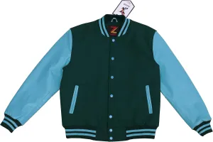Unisex Women/Mens Varsity Letterman Jacket College Baseball Bomber Wool   Genuine Blue Leather Sleeves