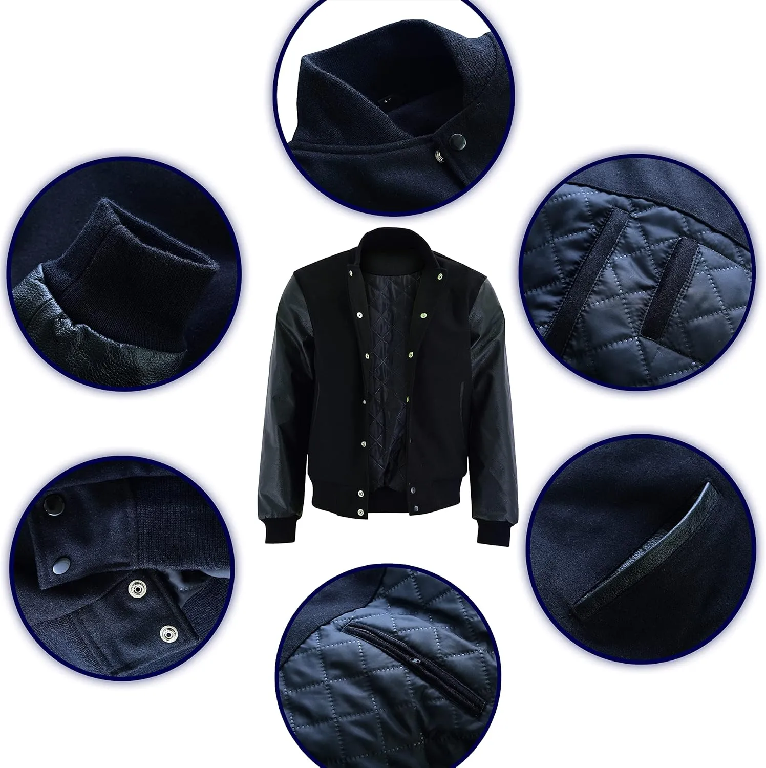 Varsity Letterman Baseball Bomber Retro Vintage Jacket Solid Black Wool Black Genuine Leather Sleeves