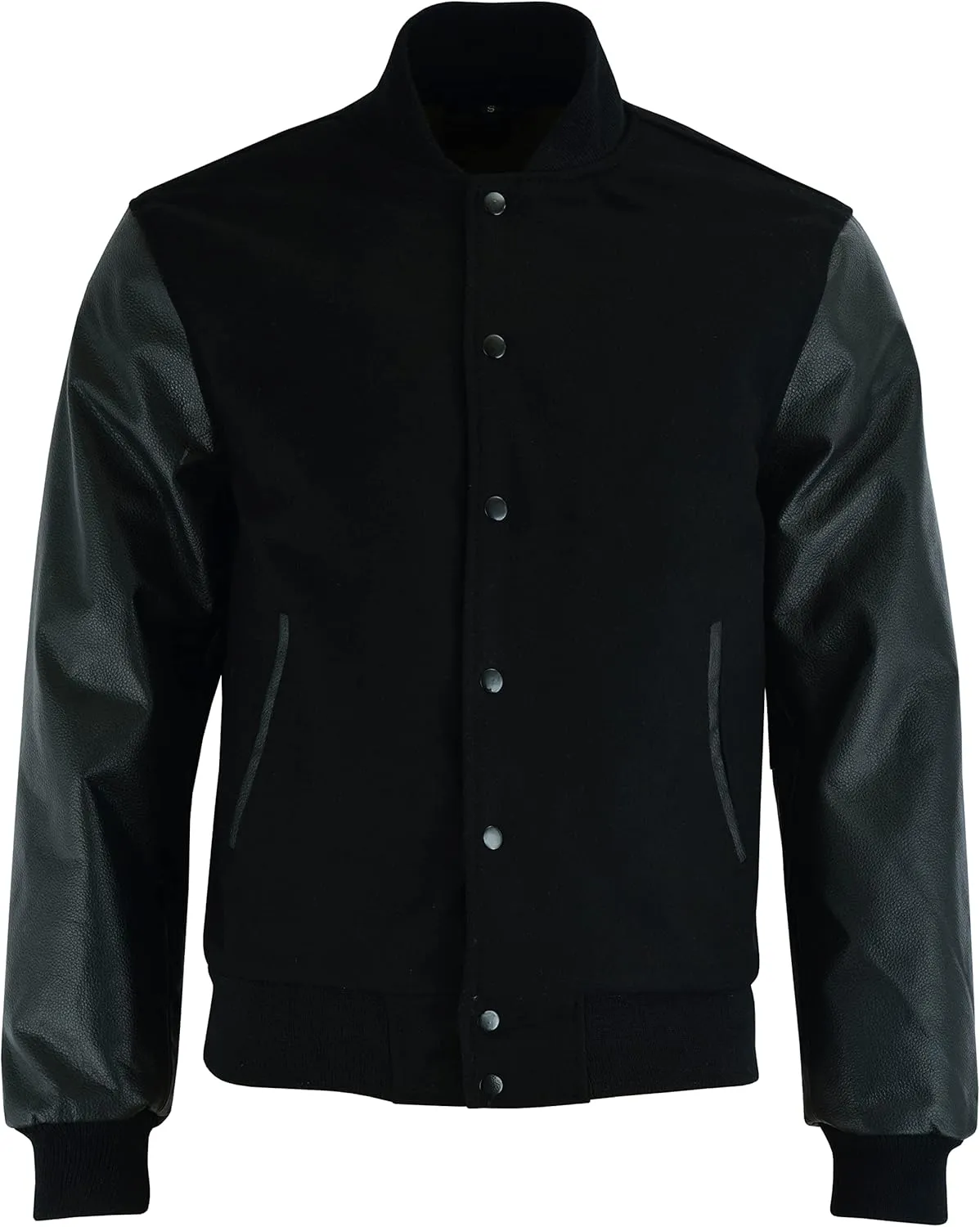 Varsity Letterman Baseball Bomber Retro Vintage Jacket Solid Black Wool Black Genuine Leather Sleeves