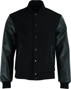 Varsity Letterman Baseball Bomber Retro Vintage Jacket Solid Black Wool Black Genuine Leather Sleeves