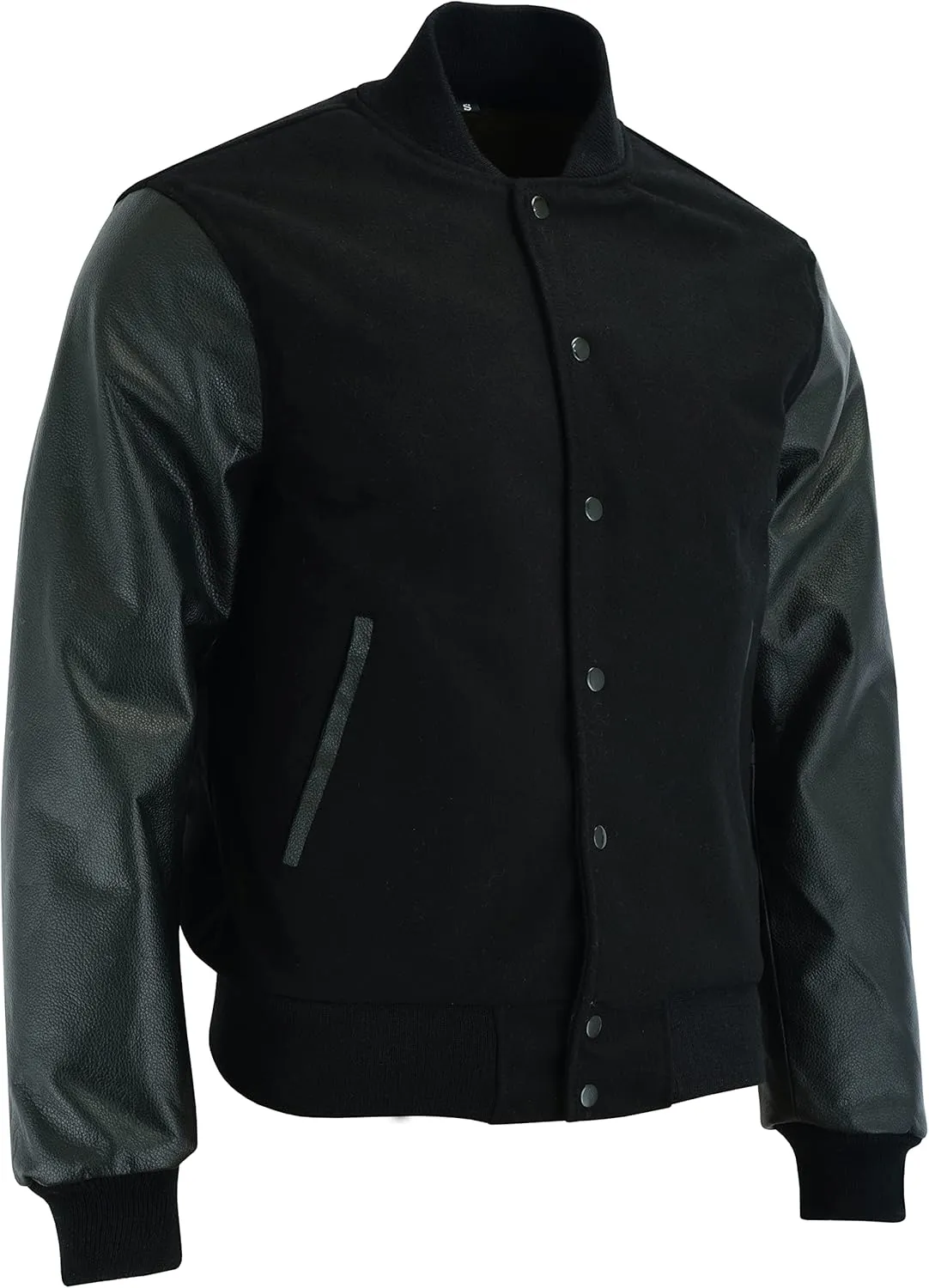 Varsity Letterman Baseball Bomber Retro Vintage Jacket Solid Black Wool Black Genuine Leather Sleeves