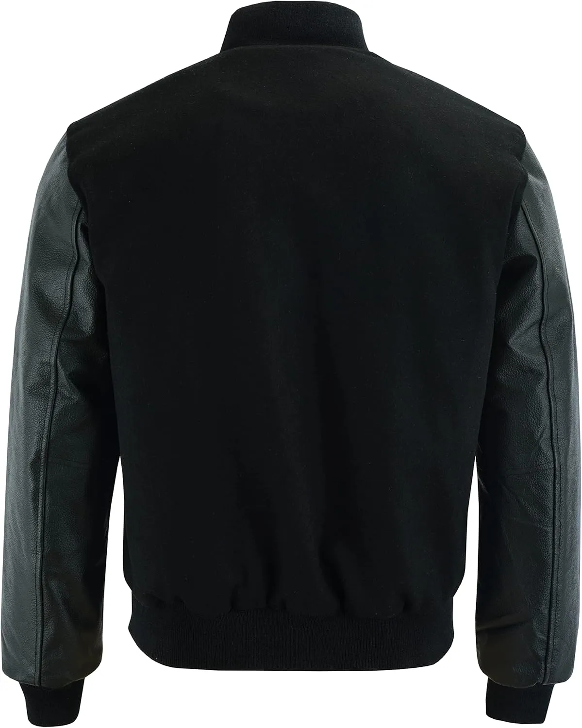 Varsity Letterman Baseball Bomber Retro Vintage Jacket Solid Black Wool Black Genuine Leather Sleeves