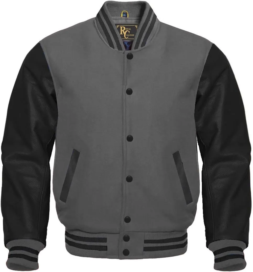 Varsity Letterman Wool & Black Genuine Leather Sleeves Bomber Style Baseball Jacket